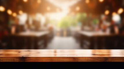 Empty wooden table and Coffee shop blur background with bokeh image .