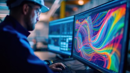 Macro shot of a mechanical engineer analyzing fluid flow simulations on a computer screen, colorful flow lines visible - obrazy, fototapety, plakaty