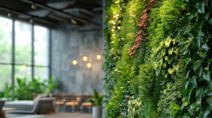 Fototapeta na wymiar Zoomed-in image of a vertical garden wall in an eco-friendly office building, showcasing the integration of nature and architecture