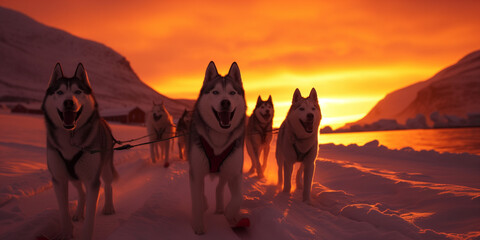 Sled dog running in the morning golden light or sunset huskies in orange light in snowy landscape