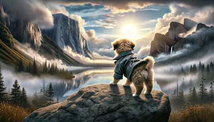 Dog standing on top of a mountain and looking towards a foggy mountain landscape inspired by Caspar...