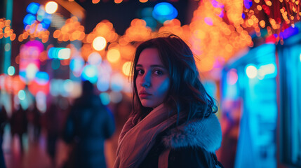 Candid young woman looking at city night christmas festive lights. AI generated