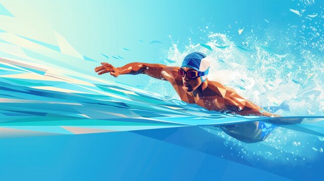 Swimmer rushing to the geometric finish line in vector on blue sky background