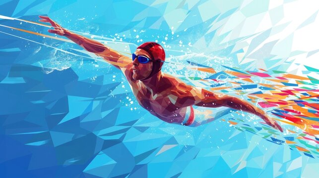 Swimmer rushing to the geometric finish line in vector on blue sky background