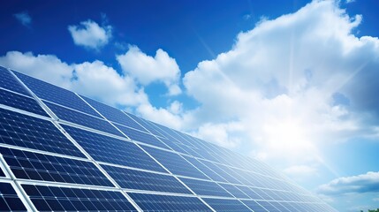 Solar battery under blue sky. Green economic energy. Regenerative power farm. Modern solar power plant.