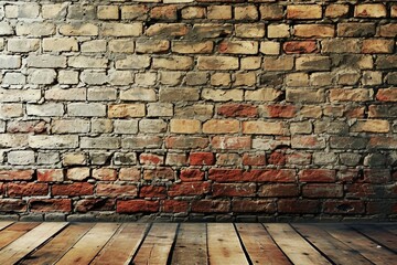 a brick wall and wooden floor with Kowloon Walled City in the background - obrazy, fototapety, plakaty