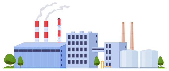 Industrial plants for the production of products, electricity, equipment. Factory complex with pipes. Vector illustration