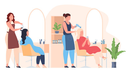 Hair salon with employees and customers. Women cut their hair and do their hair. Professional hair care. Vector illustration