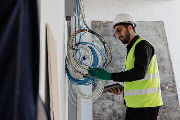 electrical engineers or technicians is professionally inspecting the wiring and systems in the building. Check electrical equipment to meet safety standards. Use a tablet to check buildings.