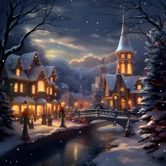 Gordijnen Winter night in the village. Christmas and New Year. Illustration. © Michelle