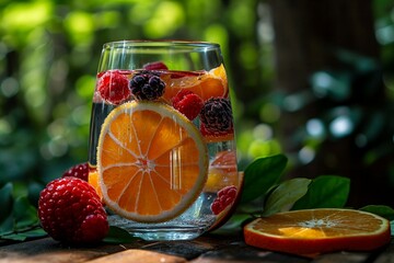 a glass of water with fruit slices and berries