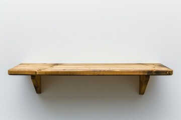 a wooden shelf on a white wall