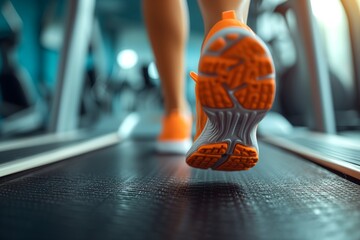 Close-up of a sportswoman runner's feet on treadmill in fitness club, illustrating cardio workout for a healthy lifestyle. - obrazy, fototapety, plakaty