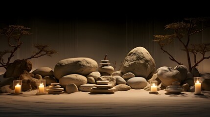 zen stones and candles on the sand in the dark background, 3d illustration