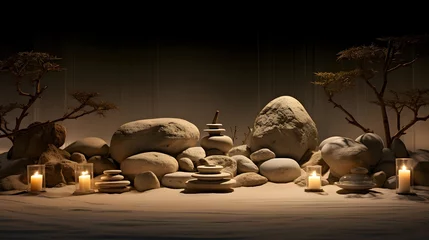 Fototapete Steine​ im Sand zen stones and candles on the sand in the dark background, 3d illustration