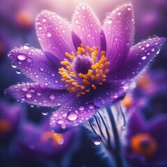 Obraz premium A beautiful close up of zoomed in purple flower with drops of rain in spring season and nature photography