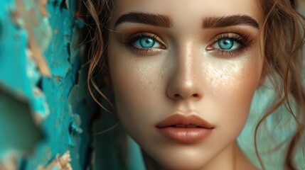 Young woman with beautiful bright green eyes with shining blue shadows, beige lipstick and expressive eyebrows, pitted look of colored paper, fashion, beauty, make-up, cosmetics, salon style