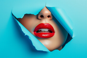 Bold Red Lips Through Torn Blue Paper