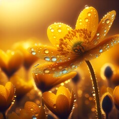 A close up of beautiful zoomed in yellow flower with drops of rain, in spring season, nature photography