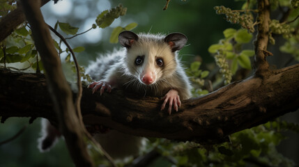 opossum lurking down from a branch at viewer. I'm definitely cute - obrazy, fototapety, plakaty