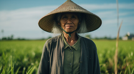 Obraz premium Portrait of old farmer woman with conical hat in the rice field. Agriculture field in Vietnam. Senior asian woman in traditional cloth. Rice terraces in Vietnam. Generative AI.