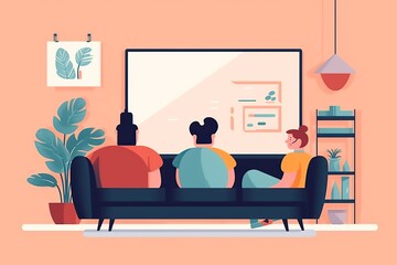 Family watching TV sitting on sofa. AI Generated