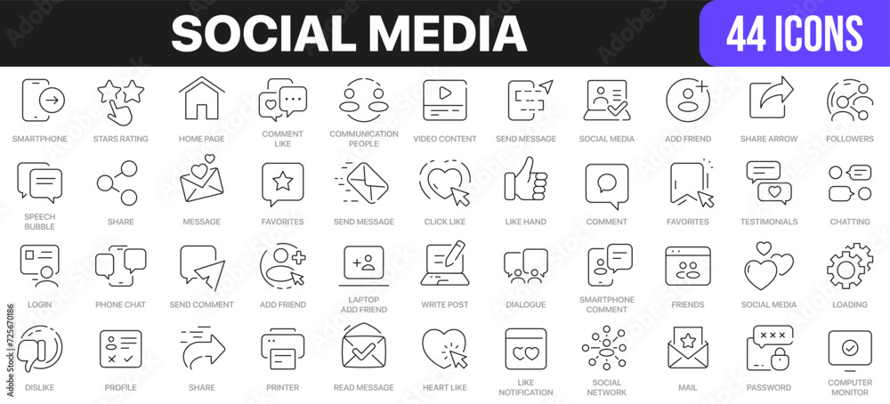 Poster social media line icons collection. ui icon set in a flat design. excellent signed icon collection. 