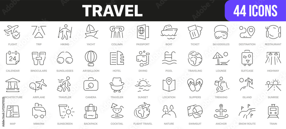 Poster travel line icons collection. ui icon set in a flat design. excellent signed icon collection. thin o