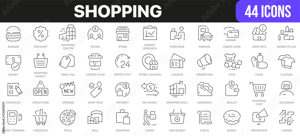 Aufkleber Shopping line icons collection. UI icon set in a flat design. Excellent signed icon collection. Thin outline icons pack. Vector illustration EPS10