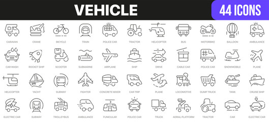 Vehicle line icons collection. UI icon set in a flat design. Excellent signed icon collection. Thin outline icons pack. Vector illustration EPS10