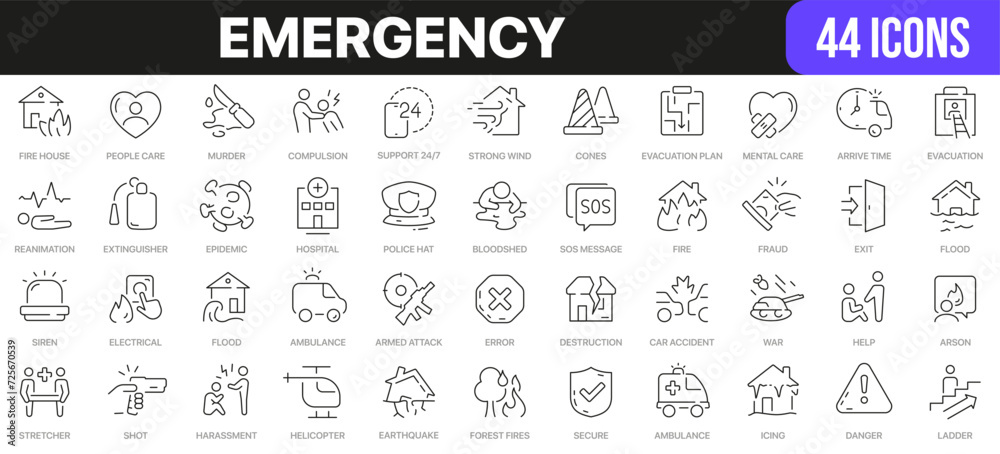 Poster emergency line icons collection. ui icon set in a flat design. excellent signed icon collection. thi