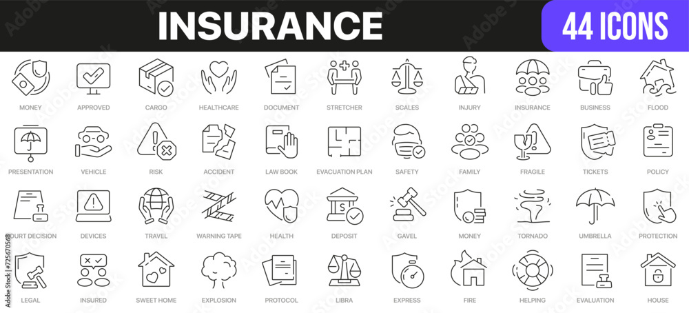 Poster insurance line icons collection. ui icon set in a flat design. excellent signed icon collection. thi