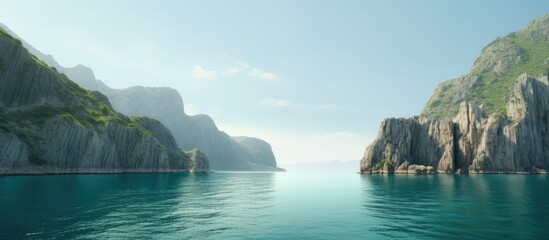Green, blue sea next to limestone hills, clean bright atmosphere - obrazy, fototapety, plakaty