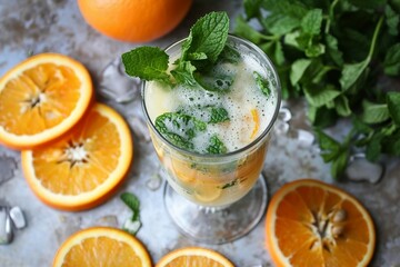a glass of orange juice with mint leaves