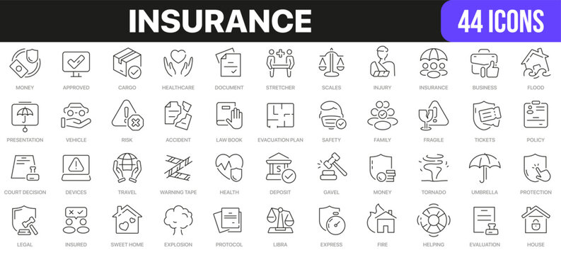 Insurance line icons collection. UI icon set in a flat design. Excellent signed icon collection. Thin outline icons pack. Vector illustration EPS10