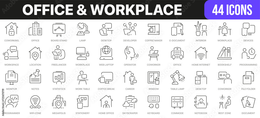 Poster office and workplace line icons collection. ui icon set in a flat design. excellent signed icon coll