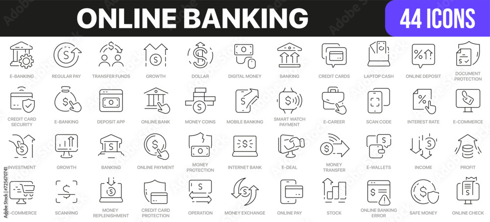 Poster online banking line icons collection. ui icon set in a flat design. excellent signed icon collection