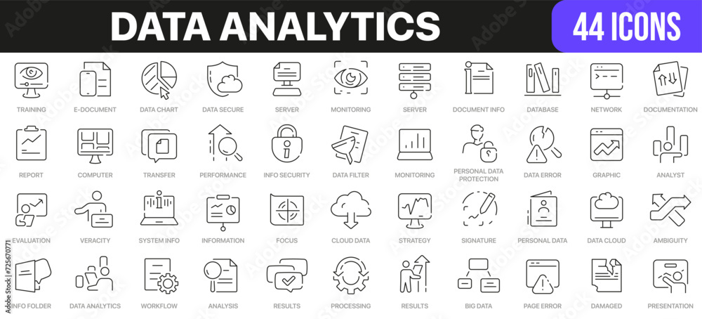 Poster Data analytics line icons collection. UI icon set in a flat design. Excellent signed icon collection. Thin outline icons pack. Vector illustration EPS10