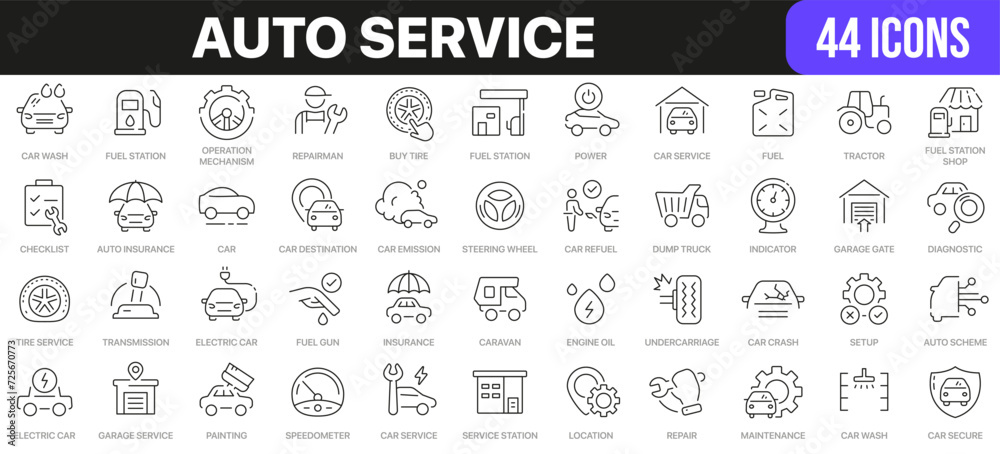 Poster Auto service line icons collection. UI icon set in a flat design. Excellent signed icon collection. Thin outline icons pack. Vector illustration EPS10