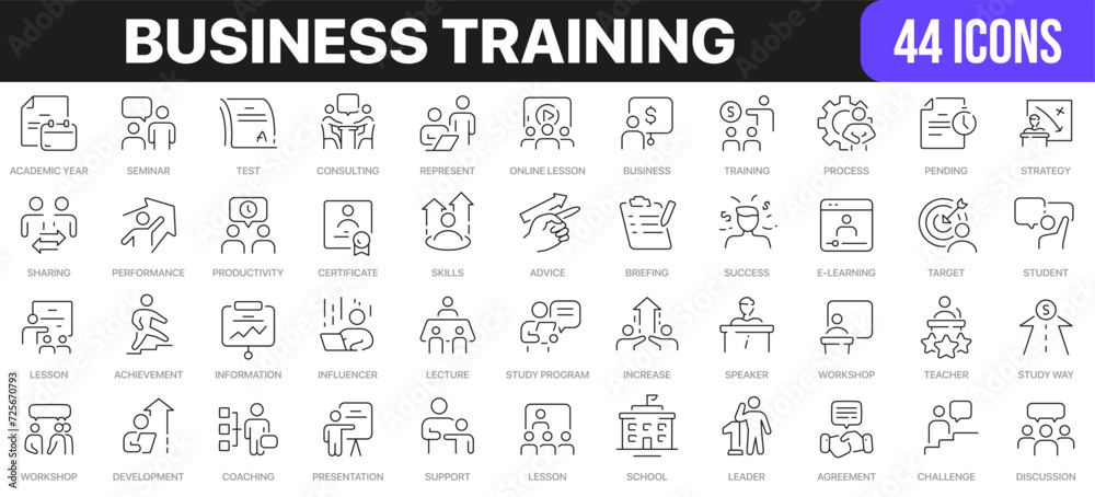 Poster Business training line icons collection. UI icon set in a flat design. Excellent signed icon collection. Thin outline icons pack. Vector illustration EPS10
