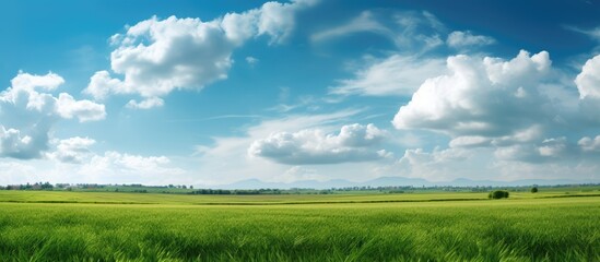 green fields and dense clouds, hot sun with bright blue skies