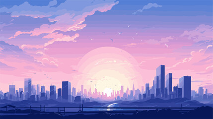 Futuristic vector art of a bustling city at dawn  with sleek architecture  flying vehicles  and a sense of innovation and progress in the air. simple minimalist illustration creative - obrazy, fototapety, plakaty