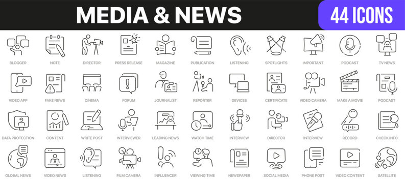 Media and news line icons collection. UI icon set in a flat design. Excellent signed icon collection. Thin outline icons pack. Vector illustration EPS10