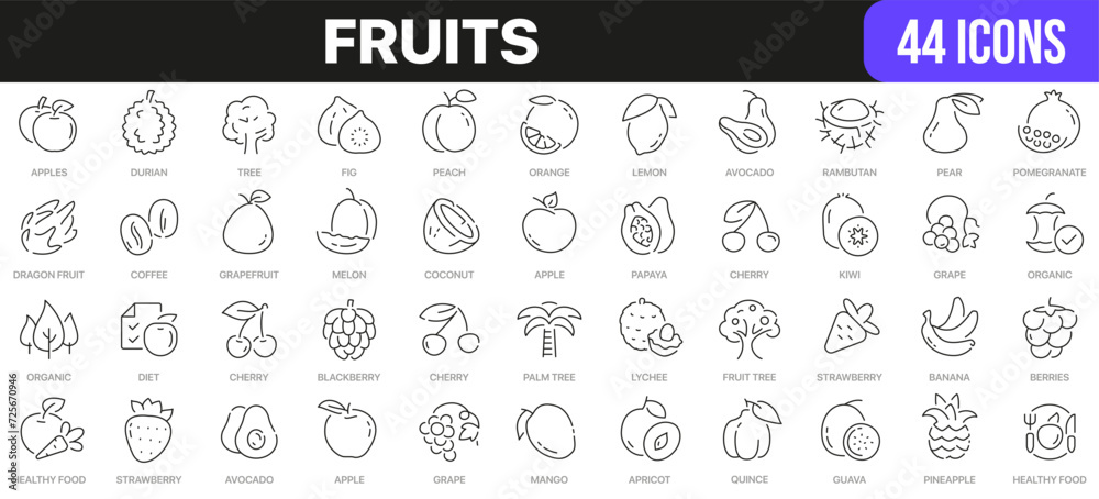 Poster fruits line icons collection. ui icon set in a flat design. excellent signed icon collection. thin o