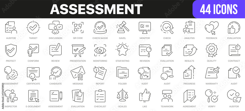 Poster assessment line icons collection. ui icon set in a flat design. excellent signed icon collection. th