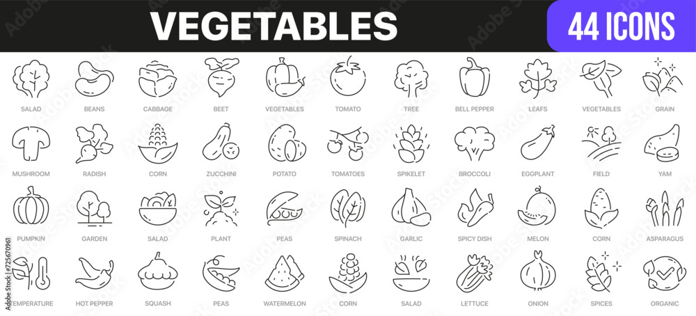 Poster vegetables line icons collection. ui icon set in a flat design. excellent signed icon collection. th