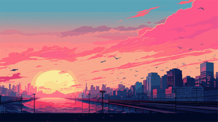 Futuristic vector art of a bustling city at dawn  with sleek architecture  flying vehicles  and a sense of innovation and progress in the air. simple minimalist illustration creative