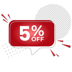 5% off. White background with 5 percent discount on a red balloon for mega big sales. 5% sale