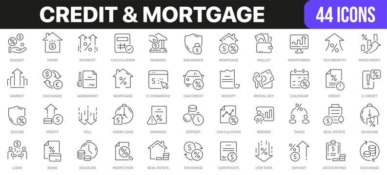 Credit and mortgage line icons collection. UI icon set in a flat design. Excellent signed icon collection. Thin outline icons pack. Vector illustration EPS10