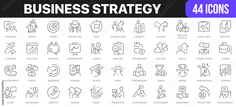 Poster business strategy line icons collection. ui icon set in a flat design. excellent signed icon collect